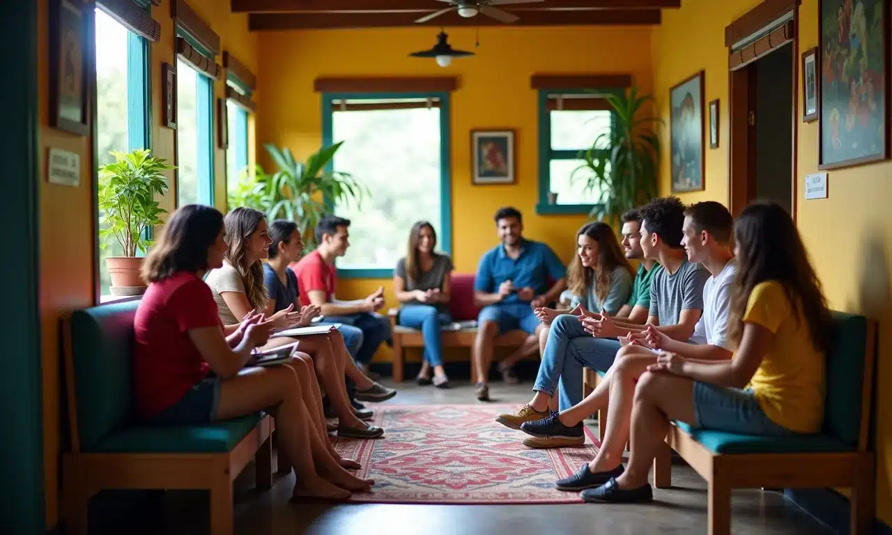 Área comum de hostel econômico na América do Sul com viajantes interagindo.