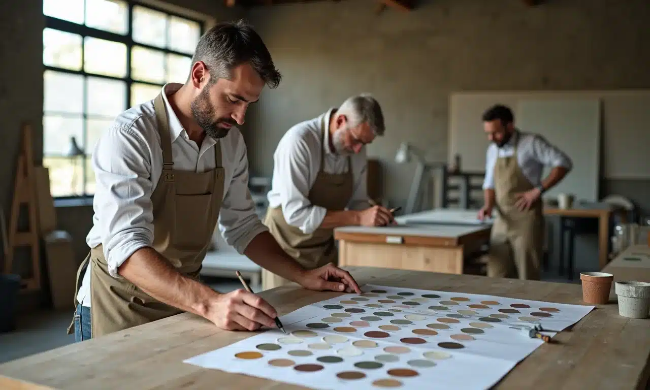 Arquiteta explicando técnicas de aplicação de cimento queimado Votoran em estúdio moderno.