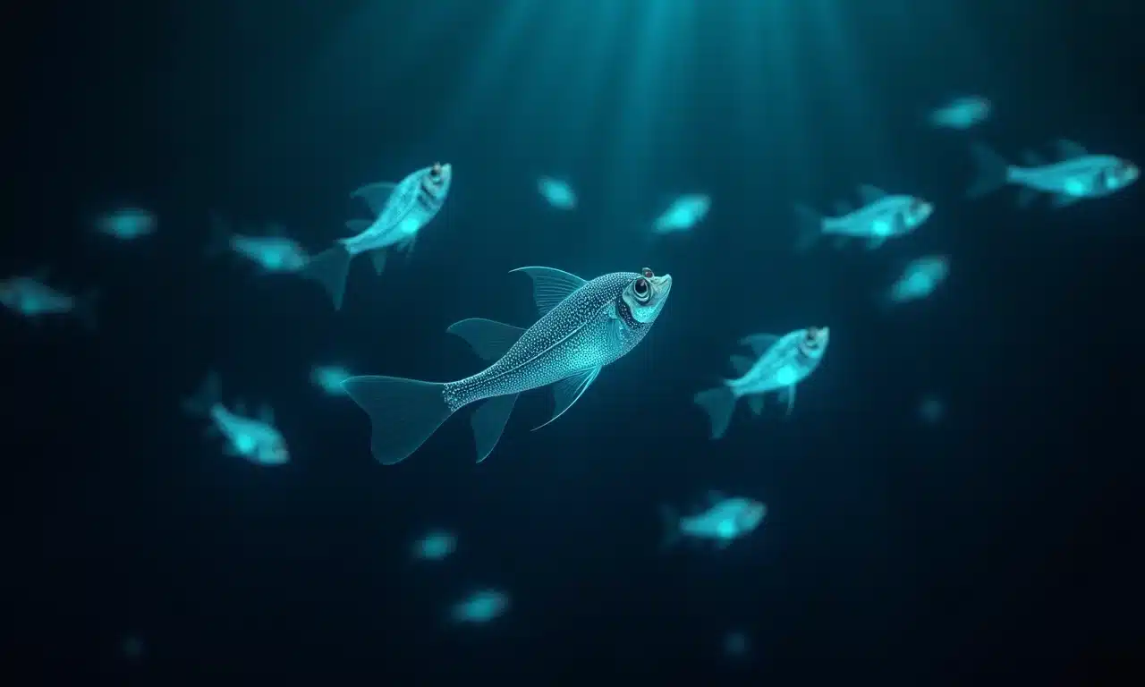 Cardume de peixes-lanterna nadando em águas profundas, com luzes bioluminescentes.
