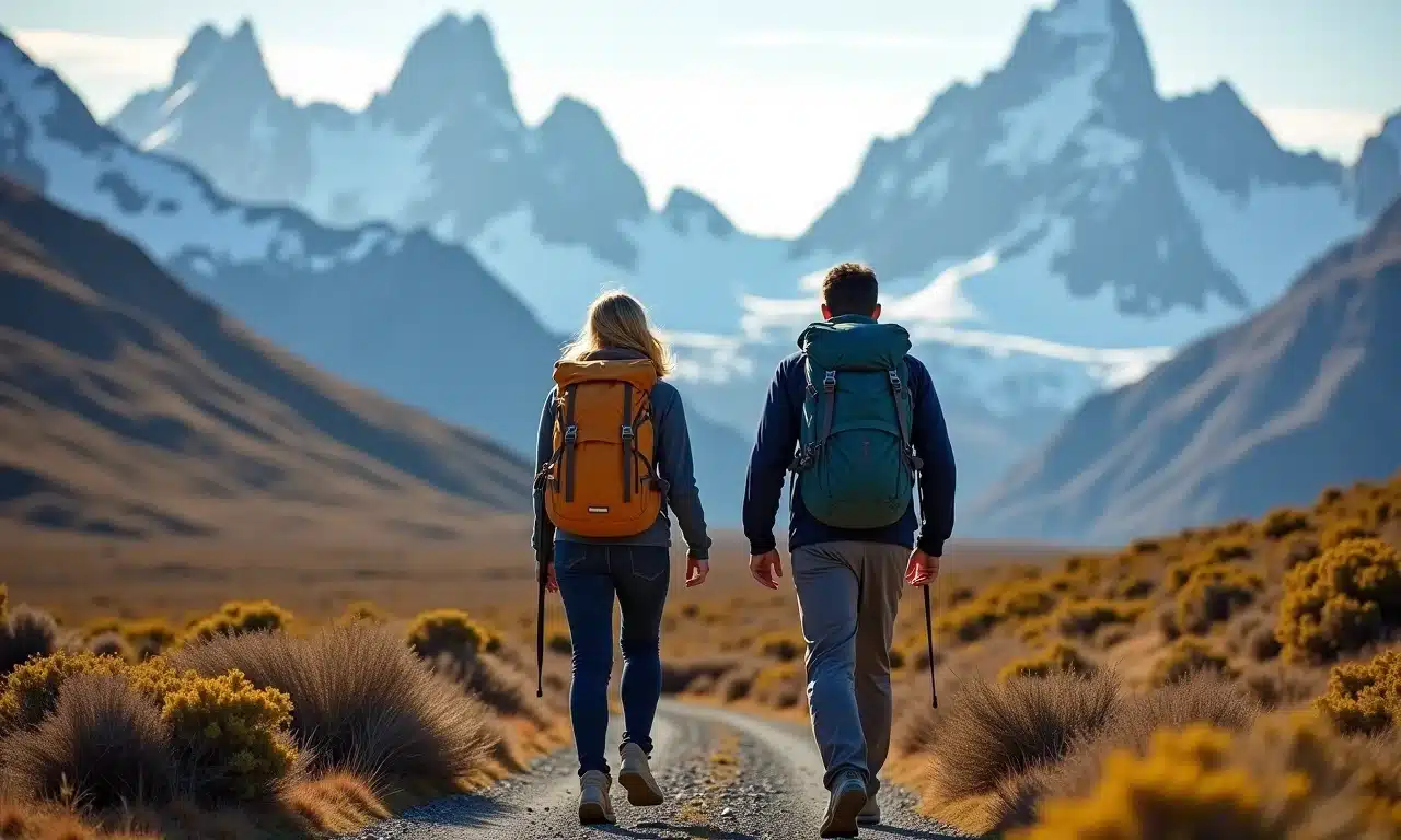 Casal fazendo trilha na Patagônia com mochilas, paisagem montanhosa.