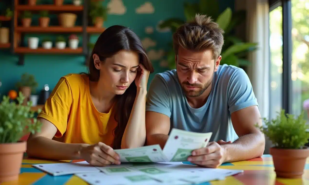 Casal preocupado analisando contas em mesa colorida, ilustrando o efeito da inflação nas finanças.