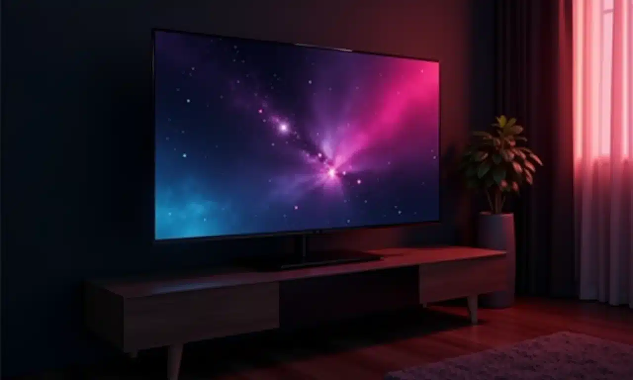 Close-up de uma TV OLED mostrando pretos profundos e cores vibrantes.