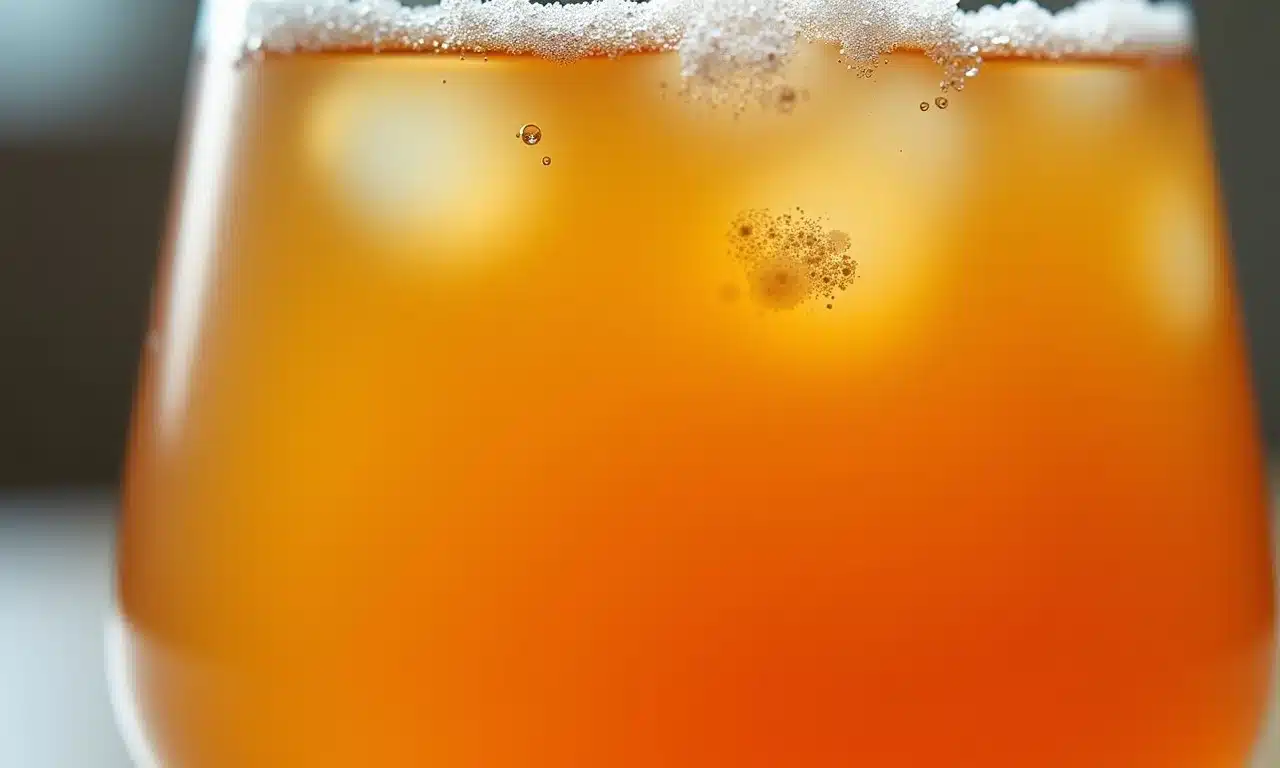 Copo de kombucha borbulhante, destacando a fermentação e a cor vibrante da bebida.