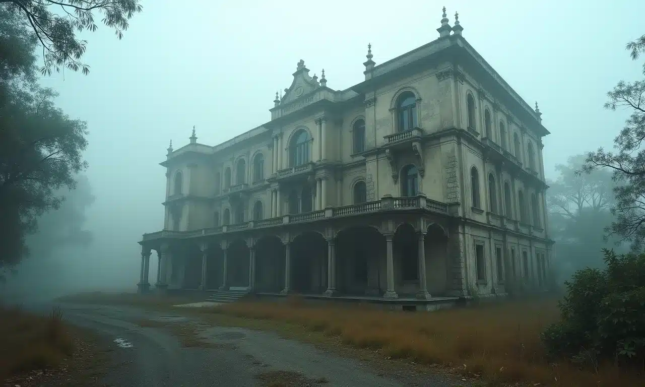 Fachada do Hotel Grogotó em Minas Gerais envolta em névoa, mostrando sua decadência.