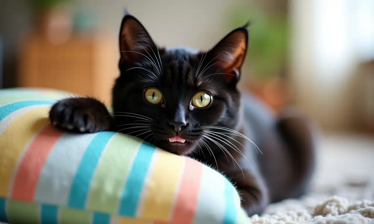 Gato feliz amassando travesseiro colorido.