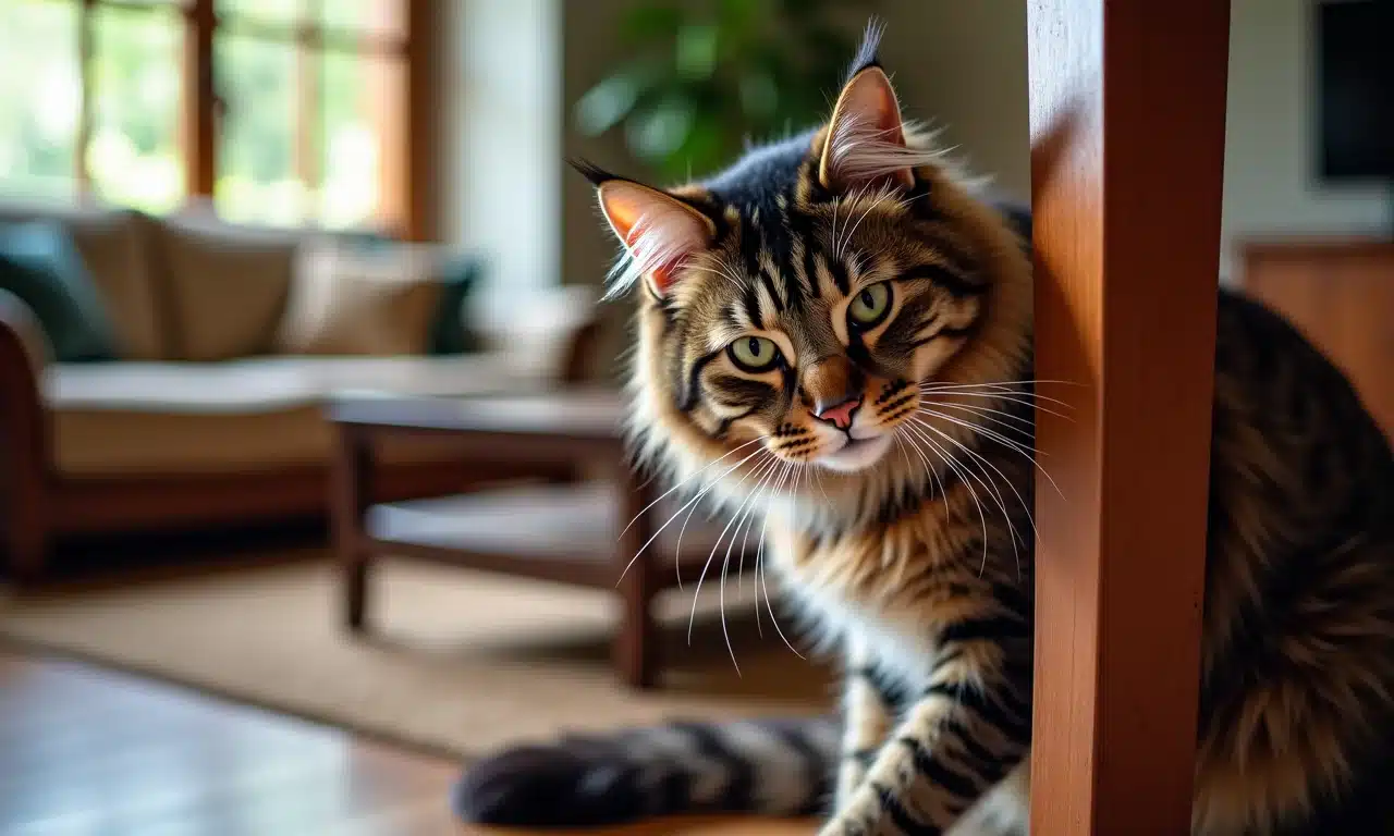 Gato marcando território em móvel.