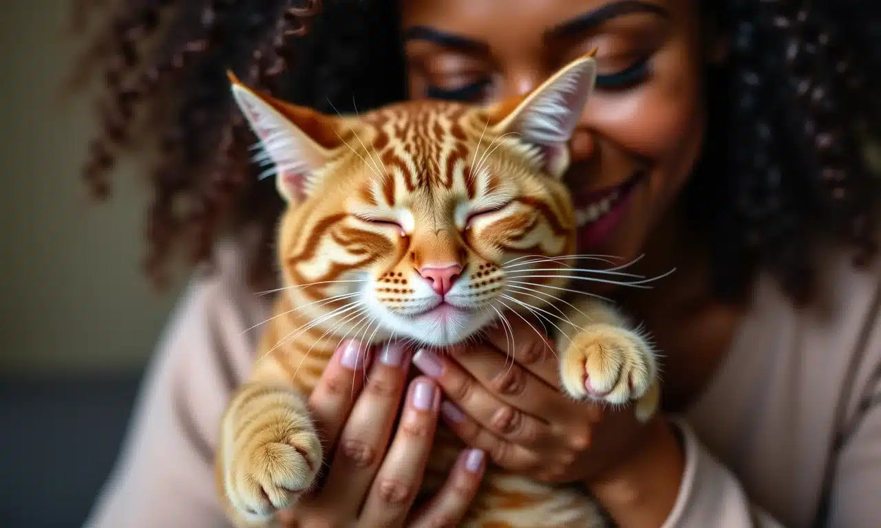 Gato ruivo amassando colo de mulher.