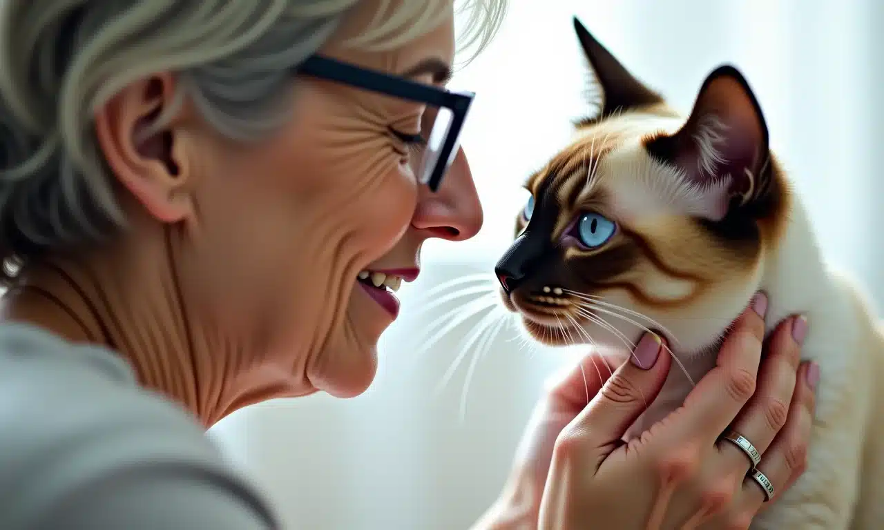 Gato siamês amassando o rosto de sua dona.