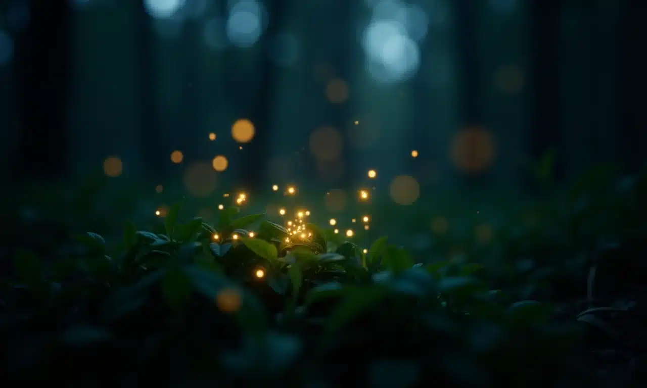 Grupo de vaga-lumes iluminando a escuridão da floresta com sua luz bioluminescente.