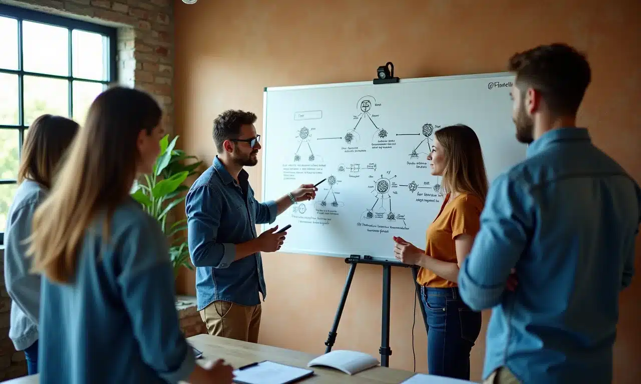 Grupo diverso brainstorming sobre aplicações práticas de IA generativa.