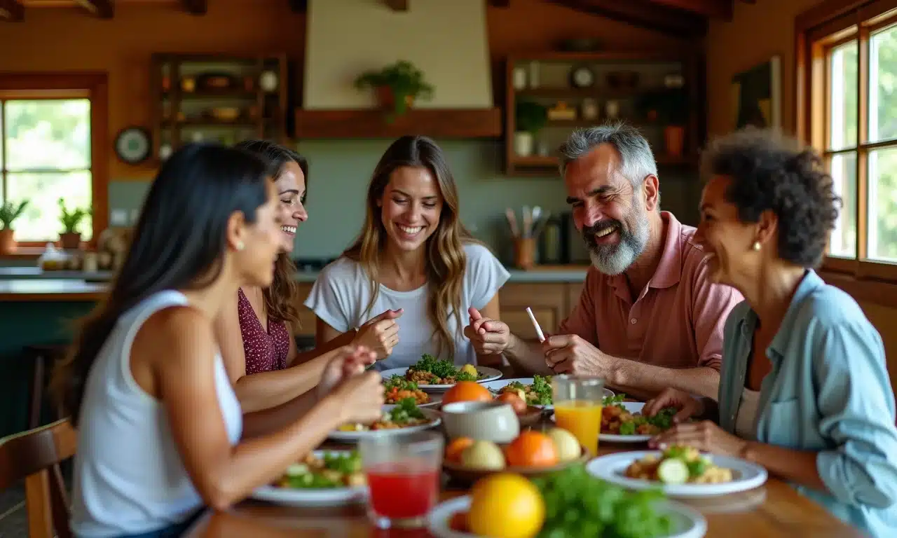 Interior de casa brasileira vibrante, pessoas rindo e compartilhando comida.