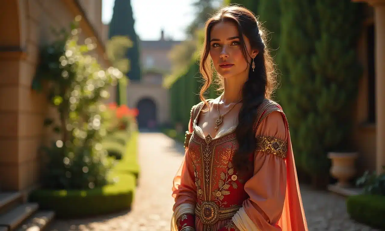 Joana I de Nápoles em jardim ensolarado, traje régio.