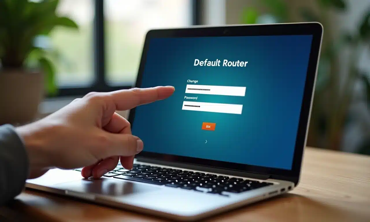 Mão trocando senha padrão do roteador em tela de laptop.