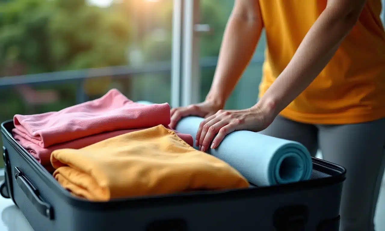 Mãos habilidosas enrolando roupas dentro de uma mala de mão, demonstrando a técnica de otimização de espaço.