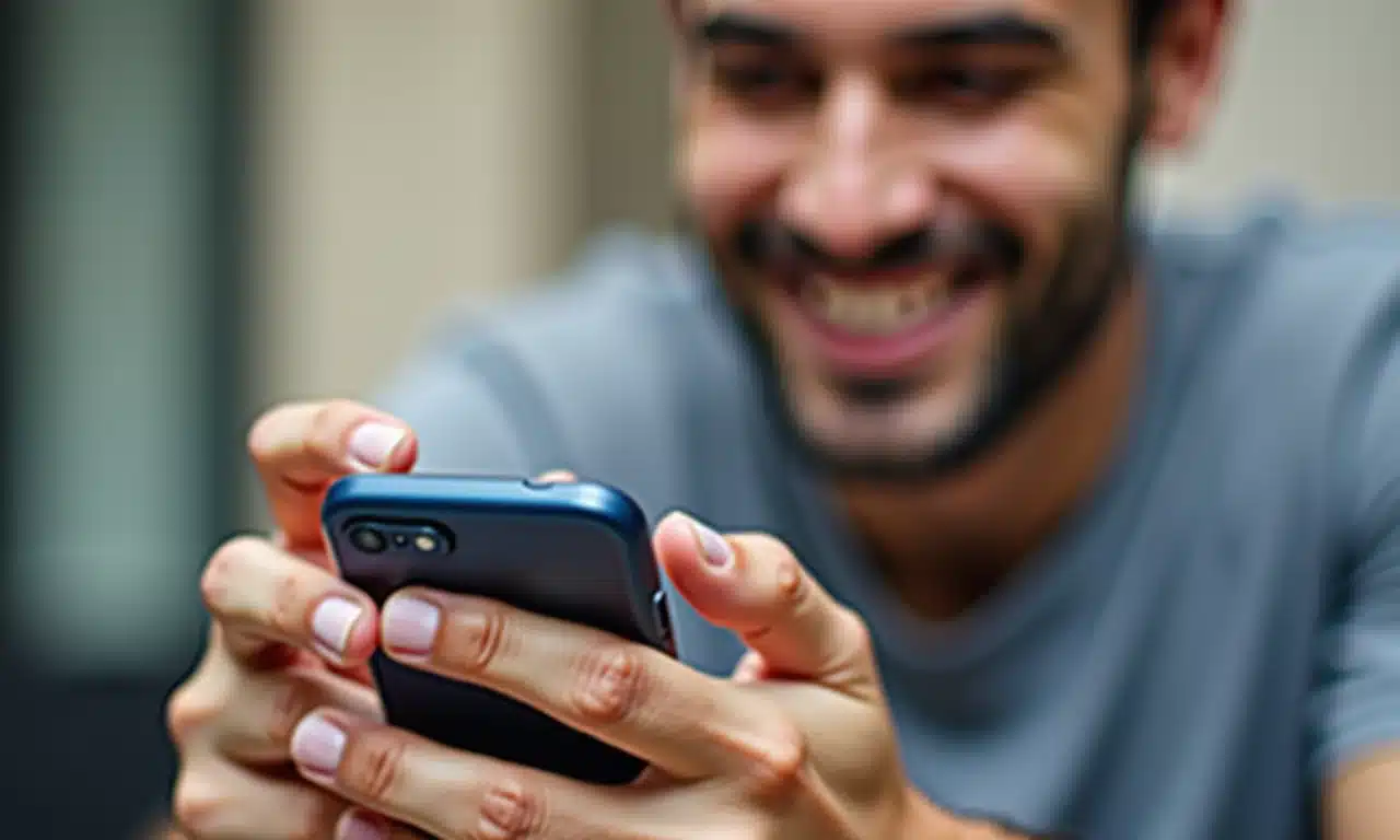 Mãos utilizando o app Minhas Economias em um smartphone.