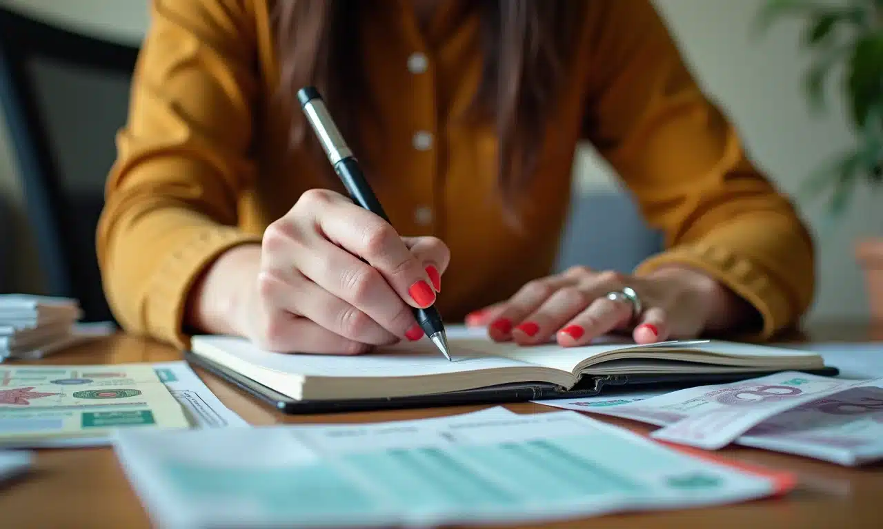 Mulher anotando gastos em um caderno colorido, cercada por contas e recibos.