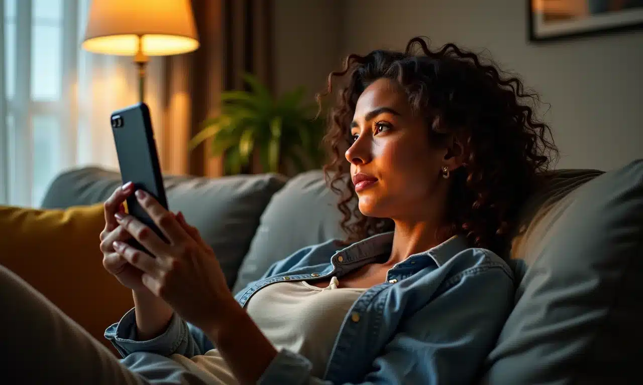 Mulher assistindo série curta de suspense no celular.