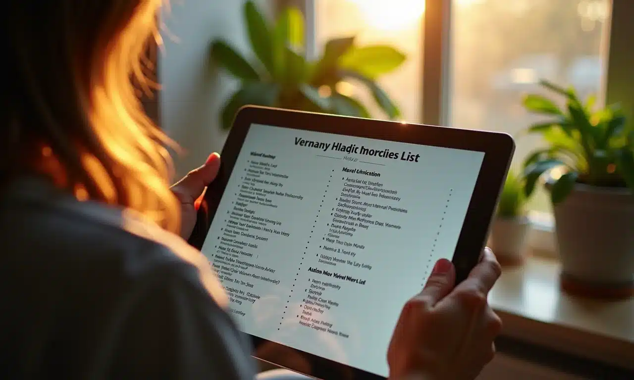Mulher consultando lista cronológica dos filmes da Marvel em um tablet.