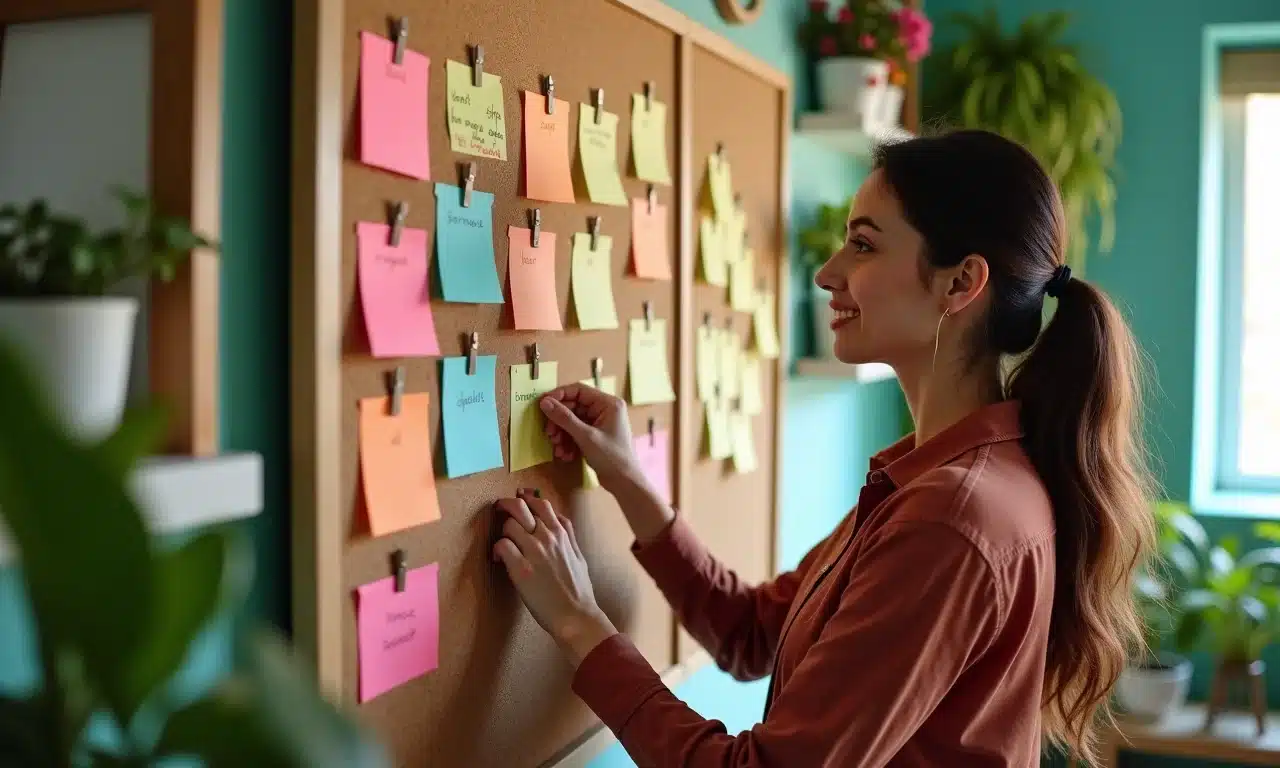 Mulher definindo metas de economia em um mural de cortiça em casa.