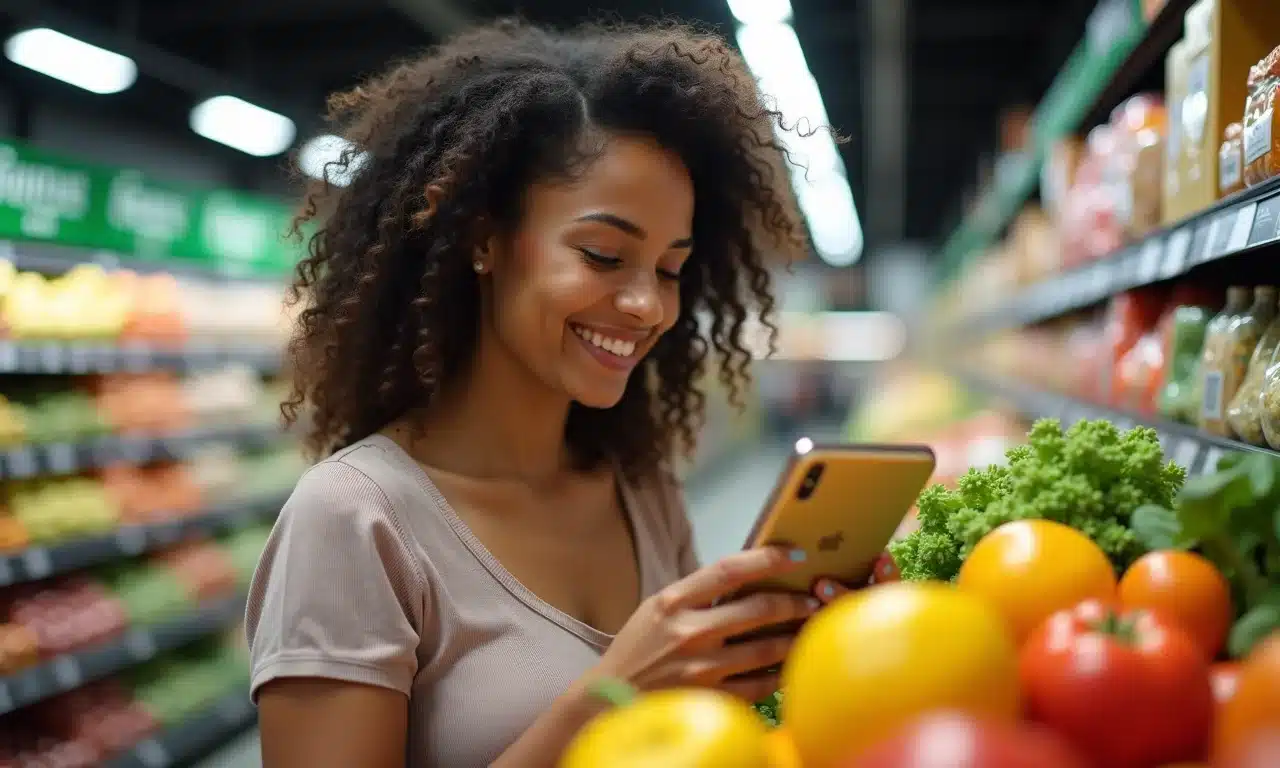 Mulher escolhendo entre compras essenciais e supérfluos, refletindo sobre cortes de gastos.