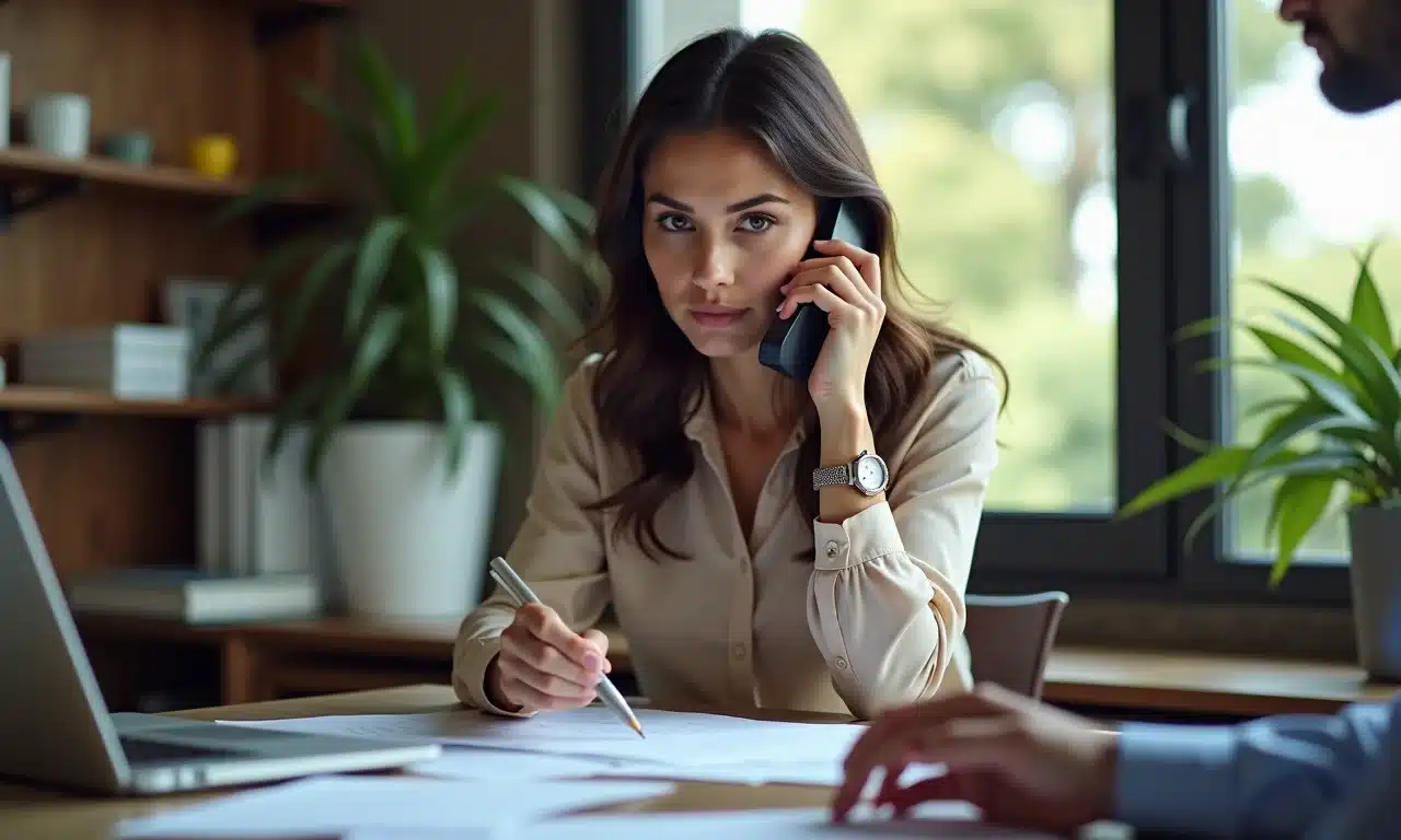 Mulher negociando dívida por telefone com representante bancário.