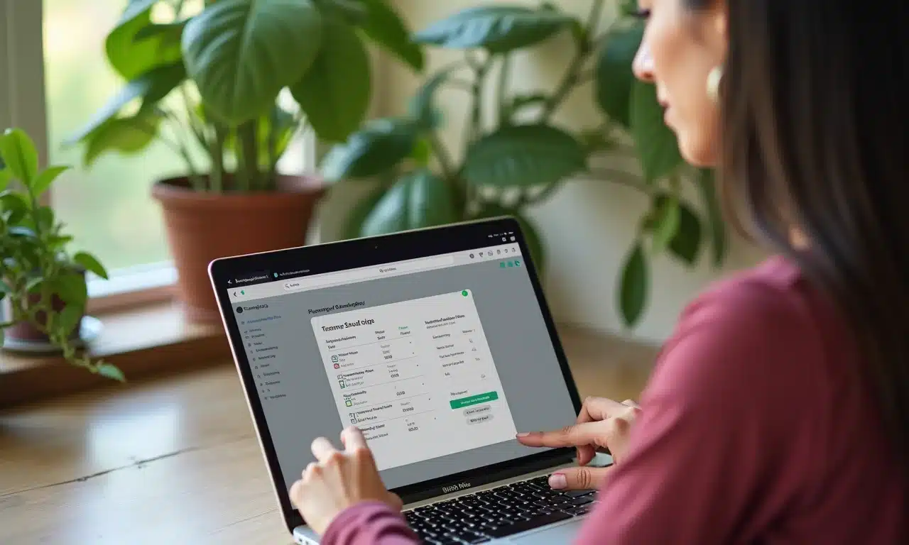 Mulher planejando orçamento com o app Organizze no laptop.
