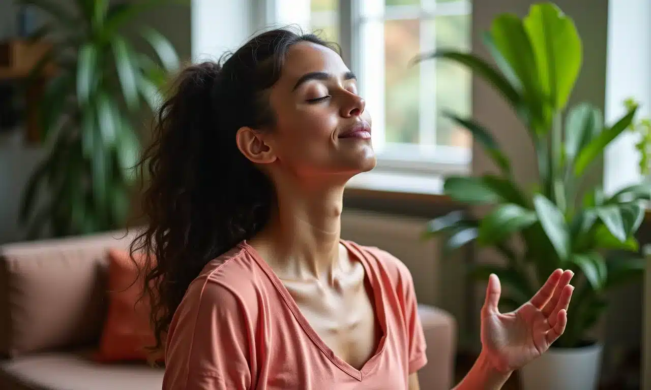 Mulher relaxando com meditação guiada.