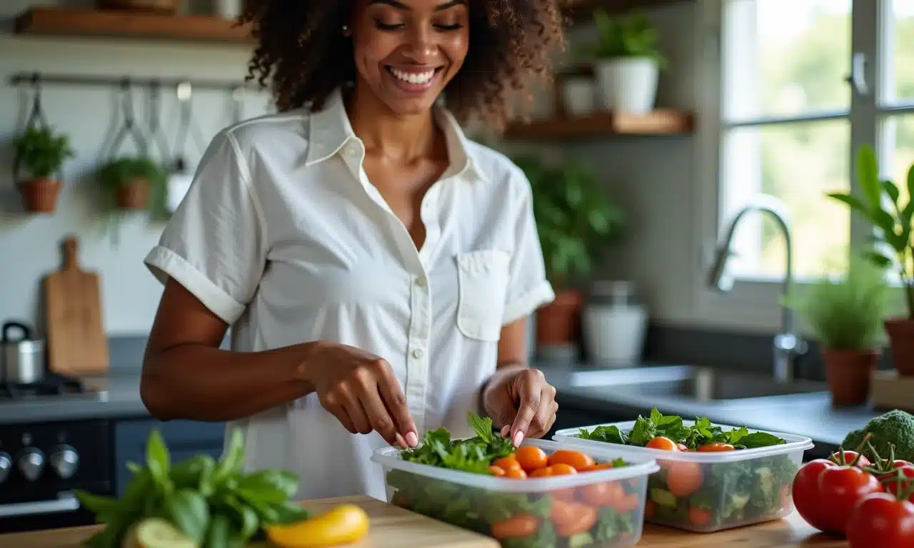 Mulher sorrindo enquanto prepara marmitas fitness.
