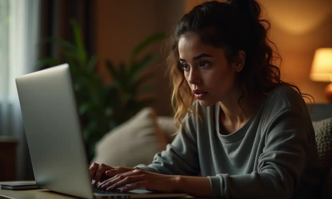 Mulher surpresa assistindo série policial na Netflix.