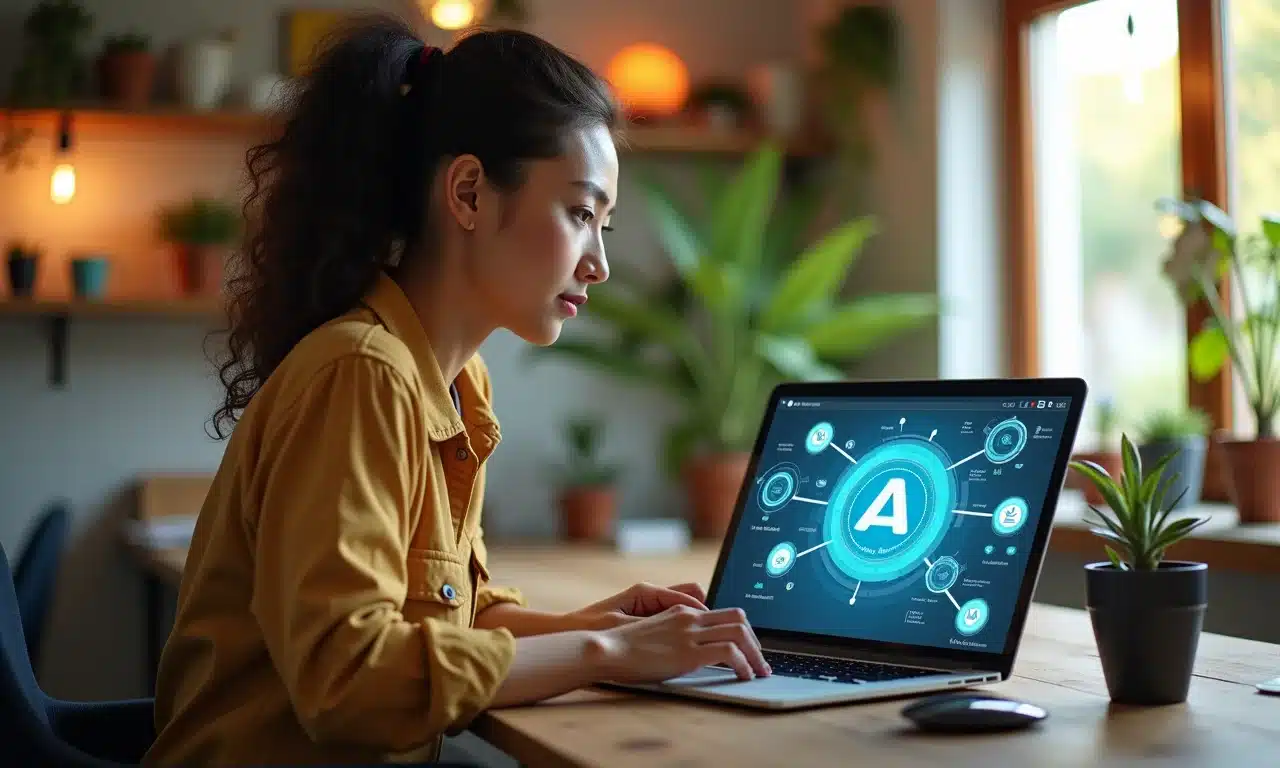 Mulher usando IA para criar conteúdo original em um espaço de trabalho vibrante.