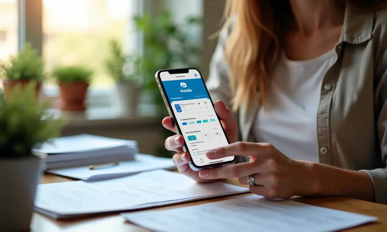 Mulher usando o app Mobills no celular em ambiente organizado.
