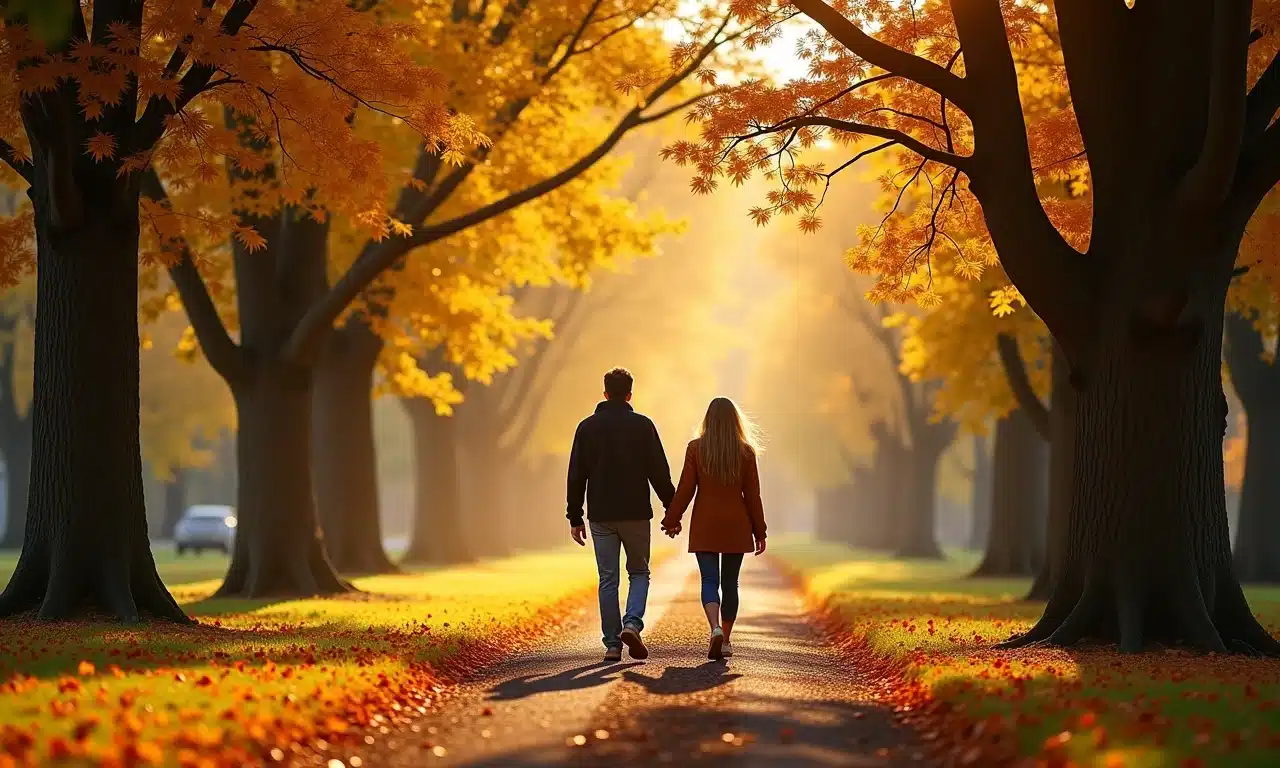Paisagem dourada de outono em Gramado, com casal caminhando no parque.