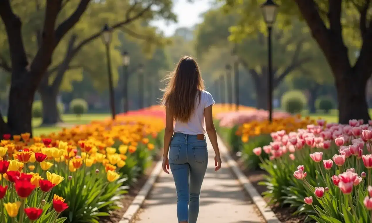 Parque florido em Gramado na primavera, com mulher aproveitando o clima ameno.