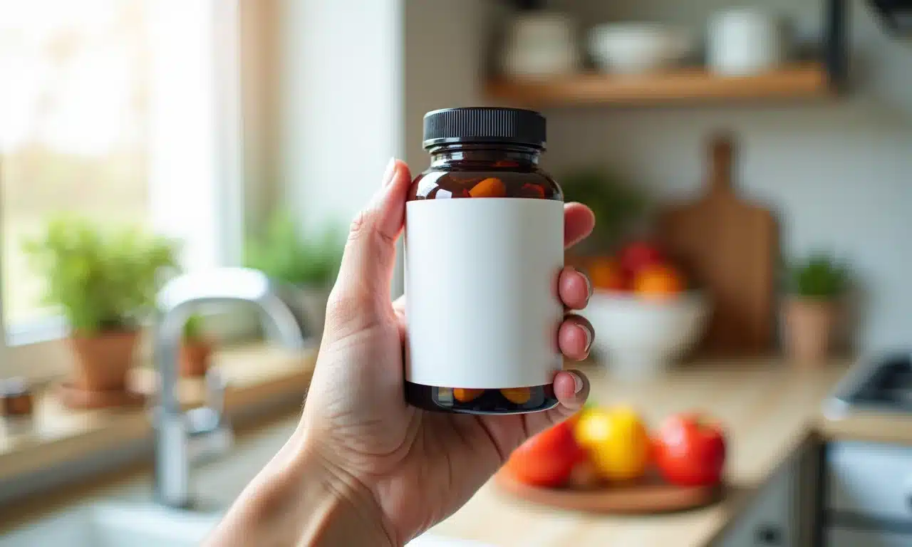 Pessoa segurando um frasco de suplementos probióticos em uma cozinha iluminada.