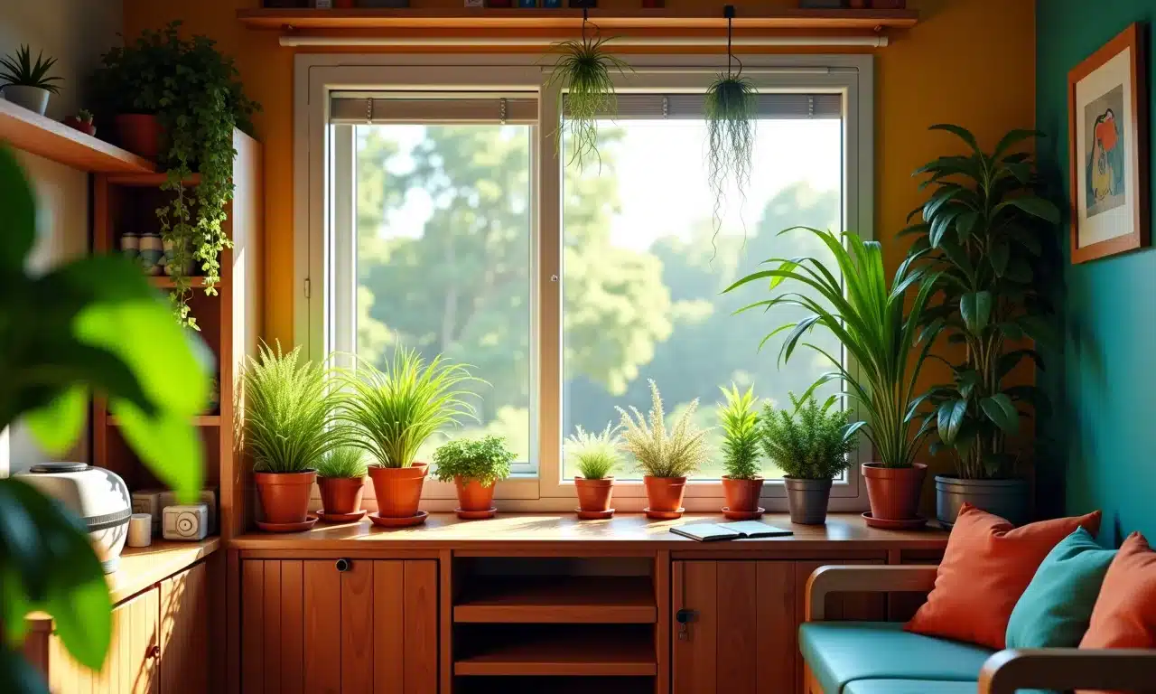 Plantas suspensas decorando apartamento alugado.