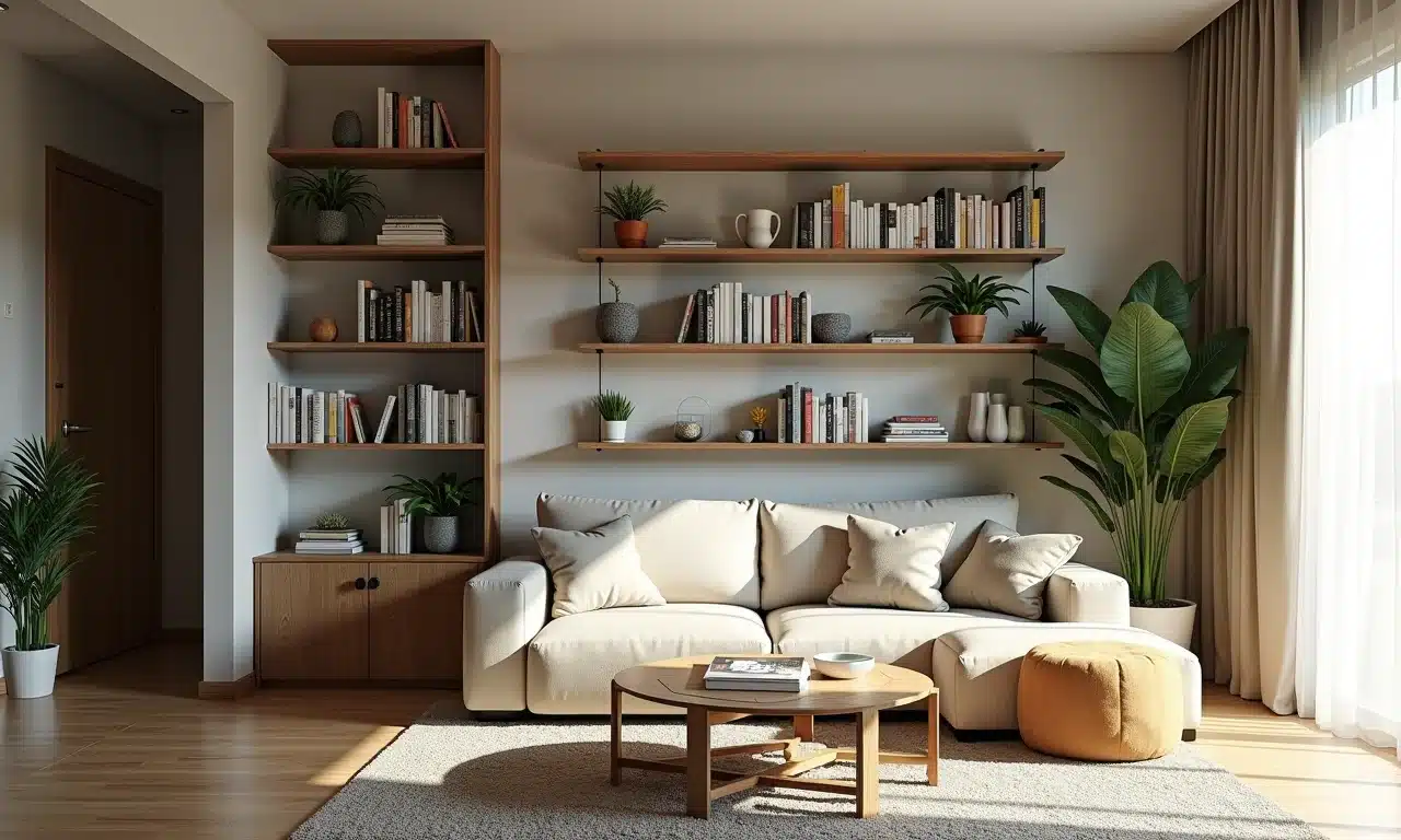 Prateleiras adesivadas organizando objetos em apartamento pequeno.