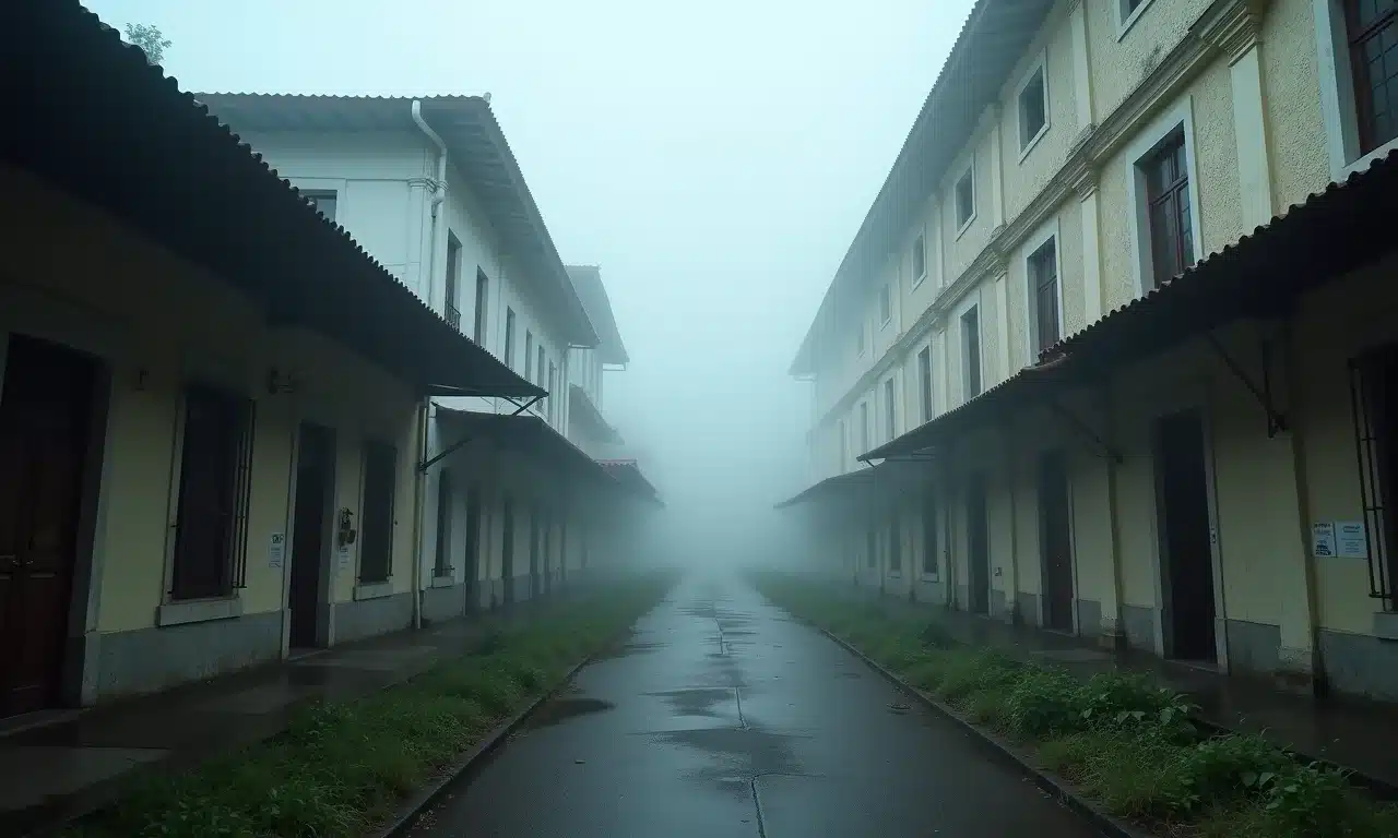 Ruas cobertas de névoa da abandonada Vila de Paranapiacaba, mostrando edifícios da era vitoriana.