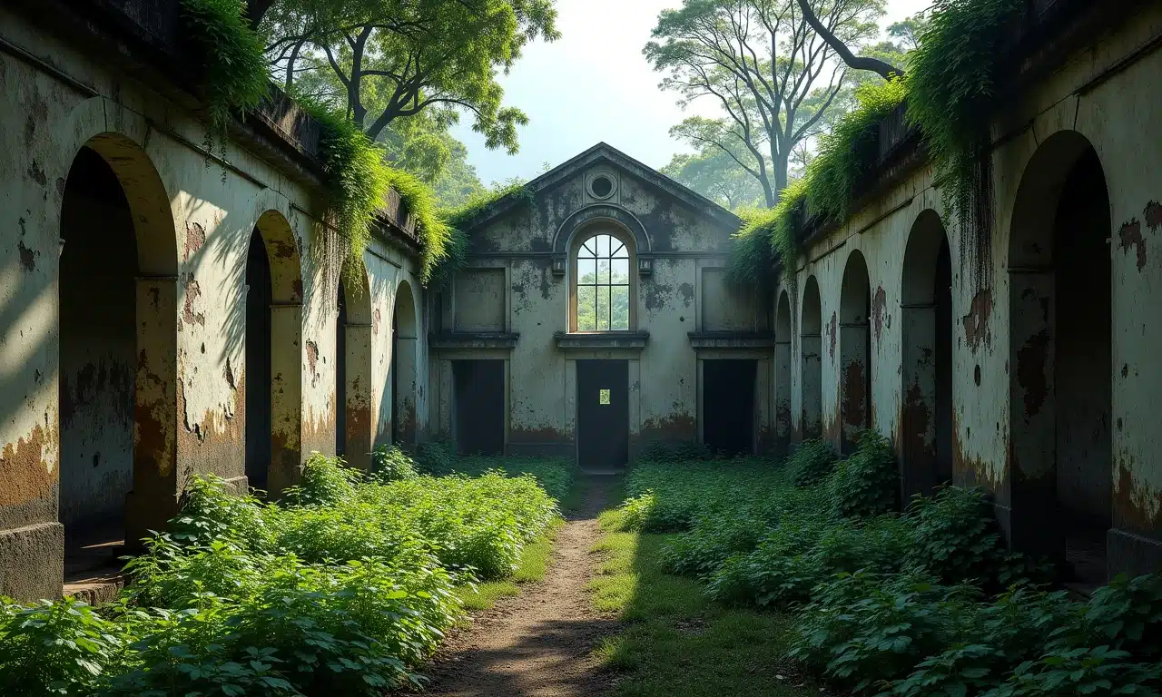 Ruínas tomadas pela vegetação do Sanatório de Muriaé, com paredes e janelas em ruínas.