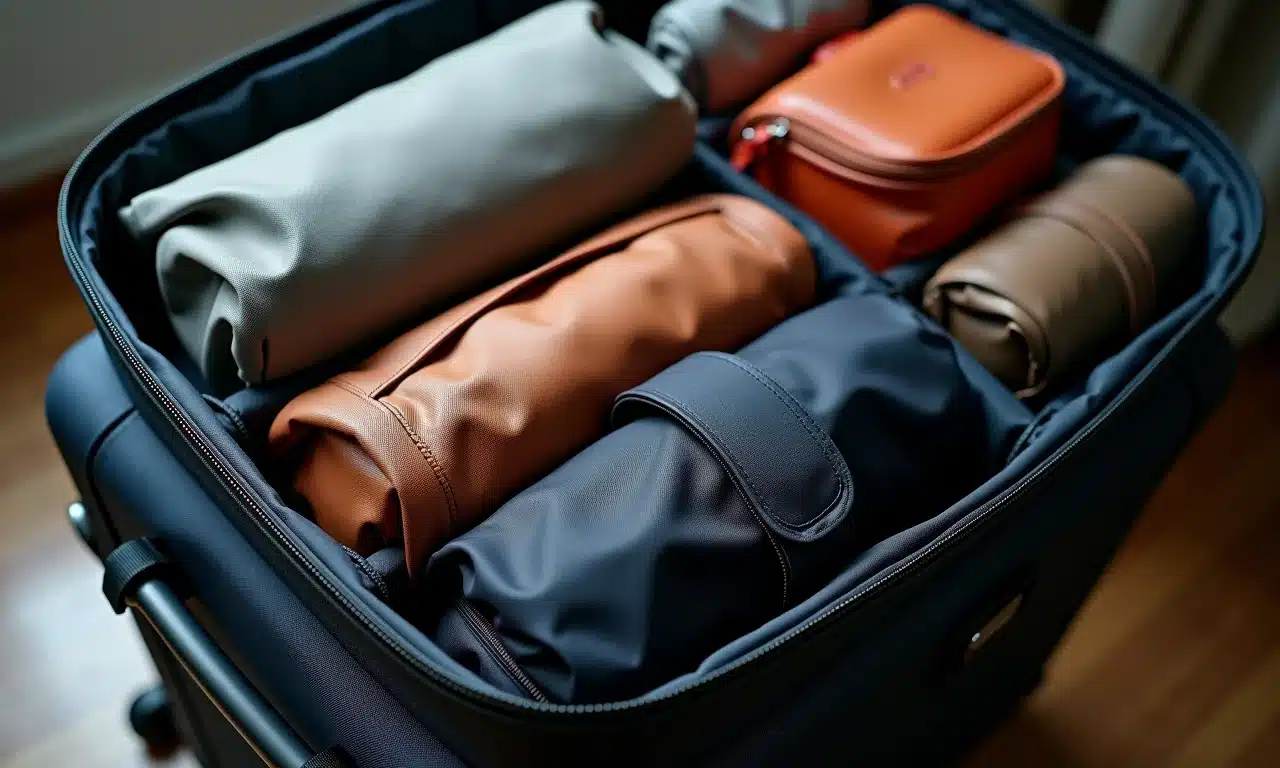 Sacos organizadores coloridos dentro de uma mala de mão, separando e otimizando o espaço para diferentes itens de viagem.