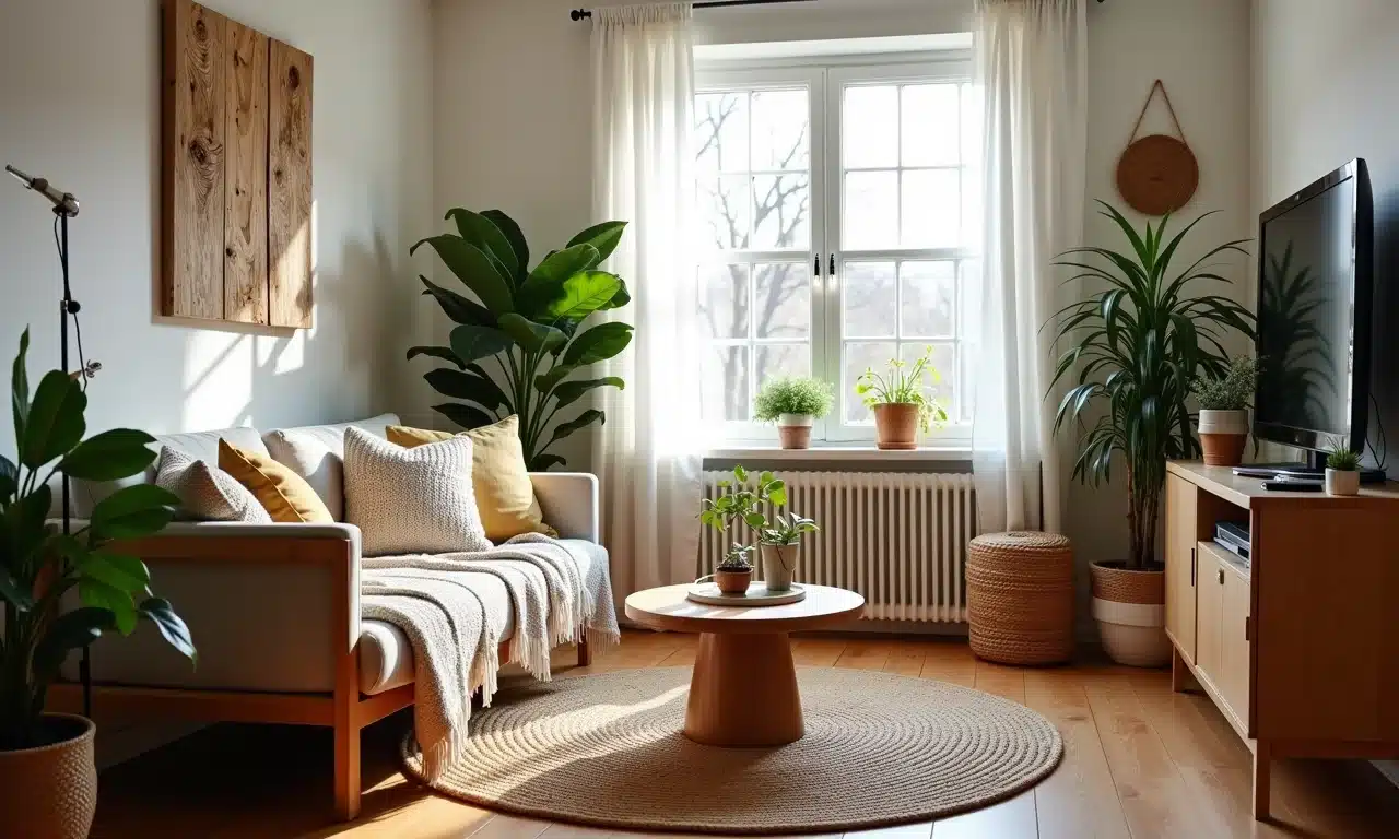 Sala aconchegante com manta de tricô, texturas de madeira e tapete de juta.