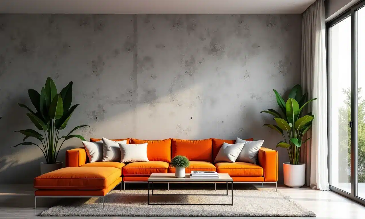 Sala de estar moderna com parede de cimento queimado integrando-se à decoração vibrante, estilo brasileiro.