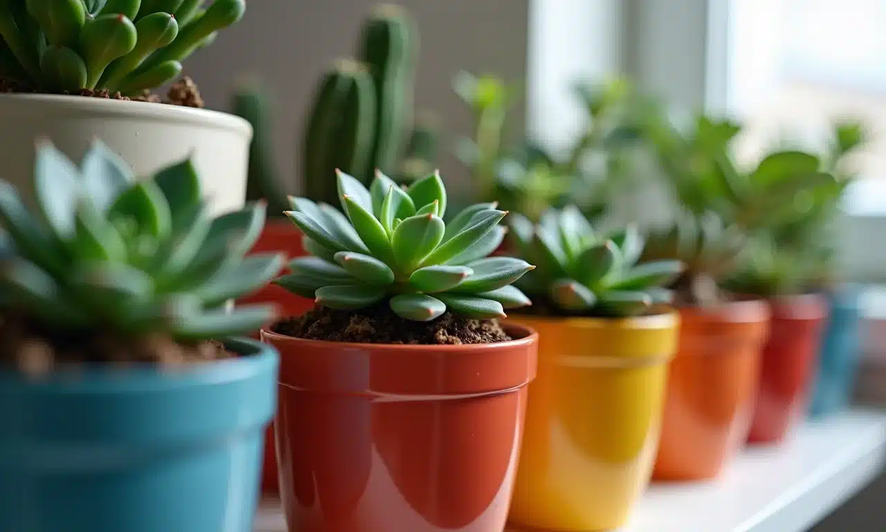 Suculentas variadas em vasos coloridos, perfeitas para ambientes internos.