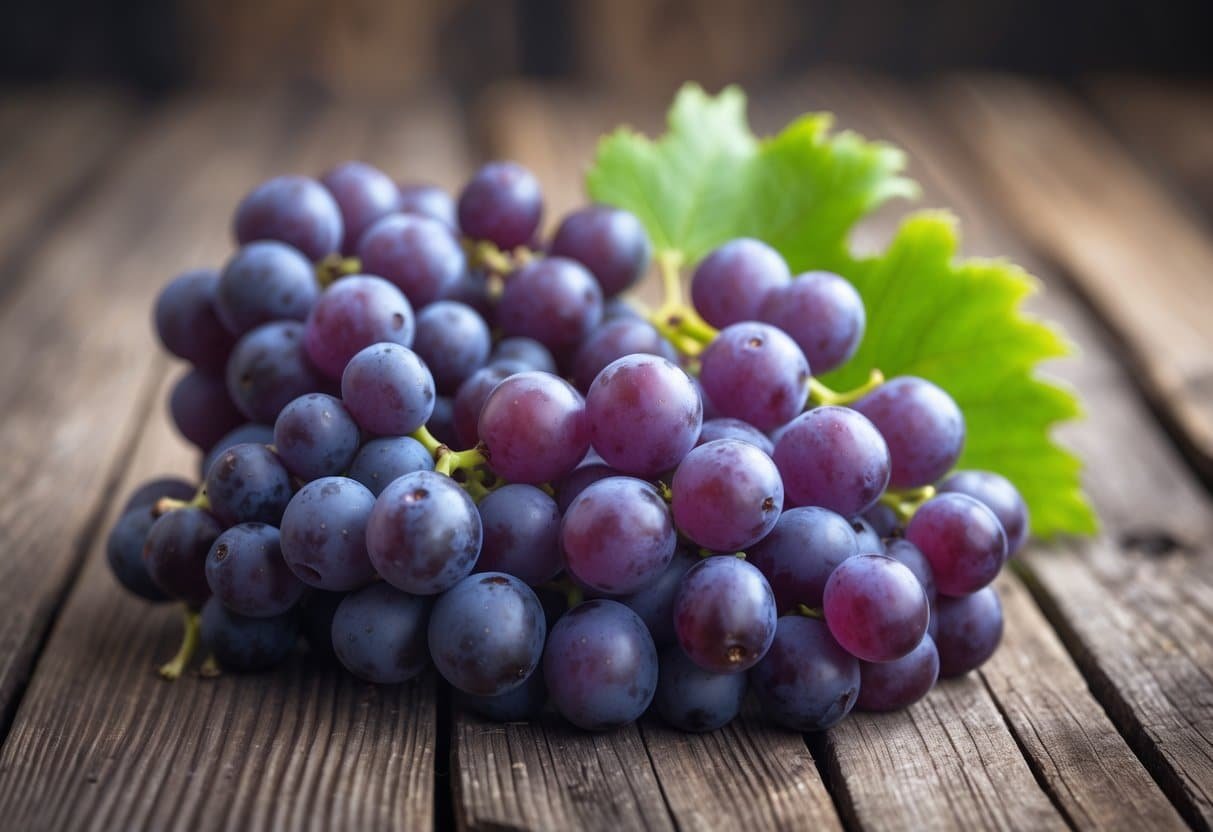 Um cacho de uvas maduras e brilhantes sobre uma superfície de madeira rústica.