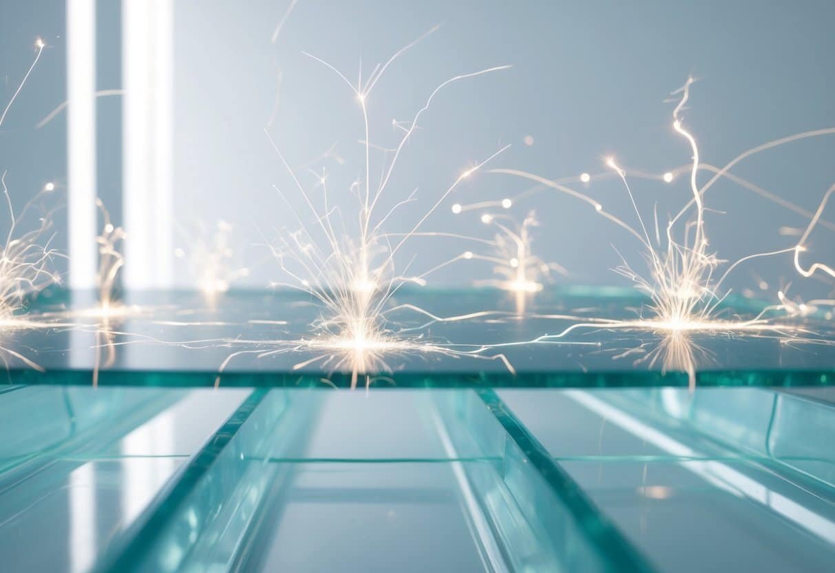 Close-up de uma superfície de vidro com faíscas elétricas visíveis passando por ela.