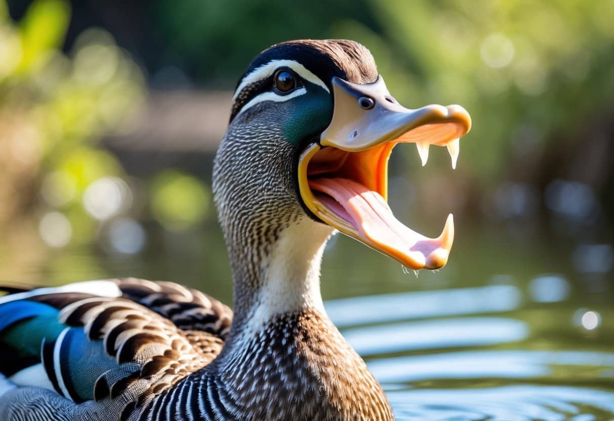 Pato com o bico aberto mostrando as estruturas semelhantes a dentes, em ambiente natural.