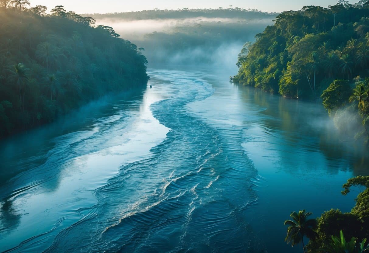 Rio Congo profundo serpenteando por uma floresta tropical densa e verdejante sob luz suave da manhã.