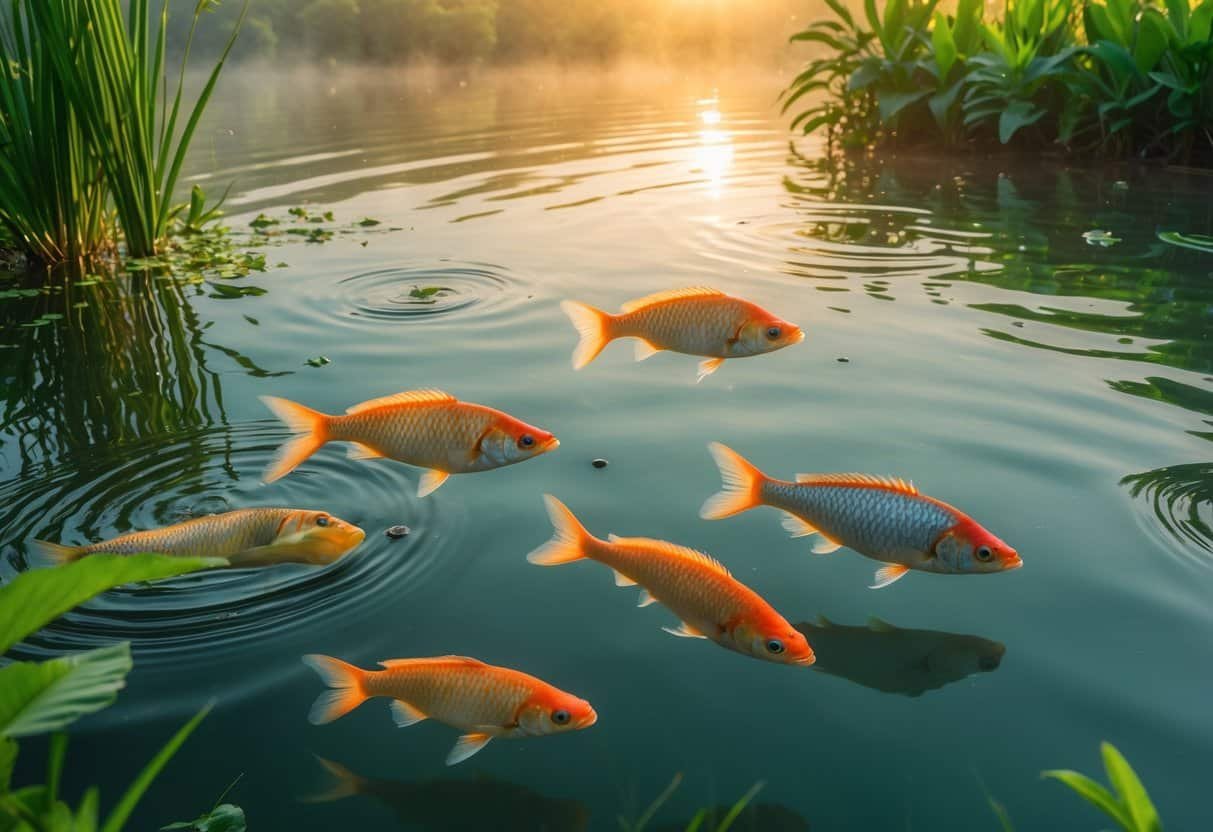 Peixes tilápia nadando em um lago calmo com plantas aquáticas ao redor ao nascer do sol.