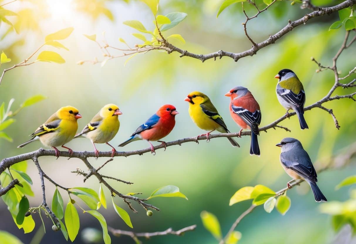 Vários passarinhos coloridos empoleirados em galhos de árvore em um ambiente natural ao ar livre.