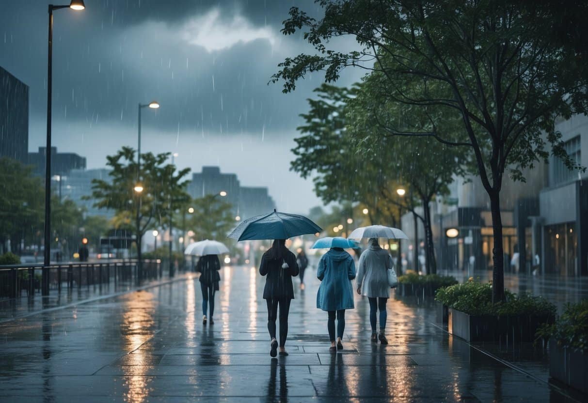 Rua urbana com pessoas caminhando sob chuva leve e esparsa, com calçada molhada e céu nublado.
