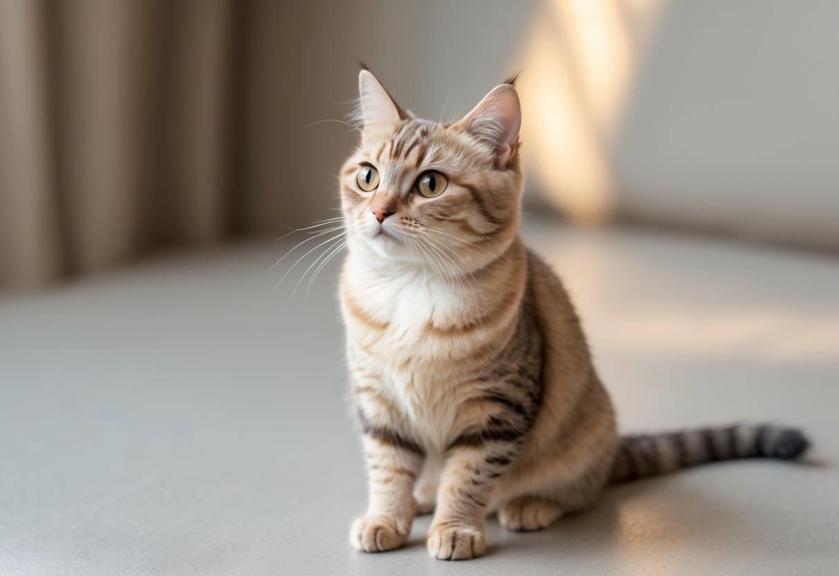 Gato munchkin sentado em uma superfície neutra com fundo desfocado e luz natural.